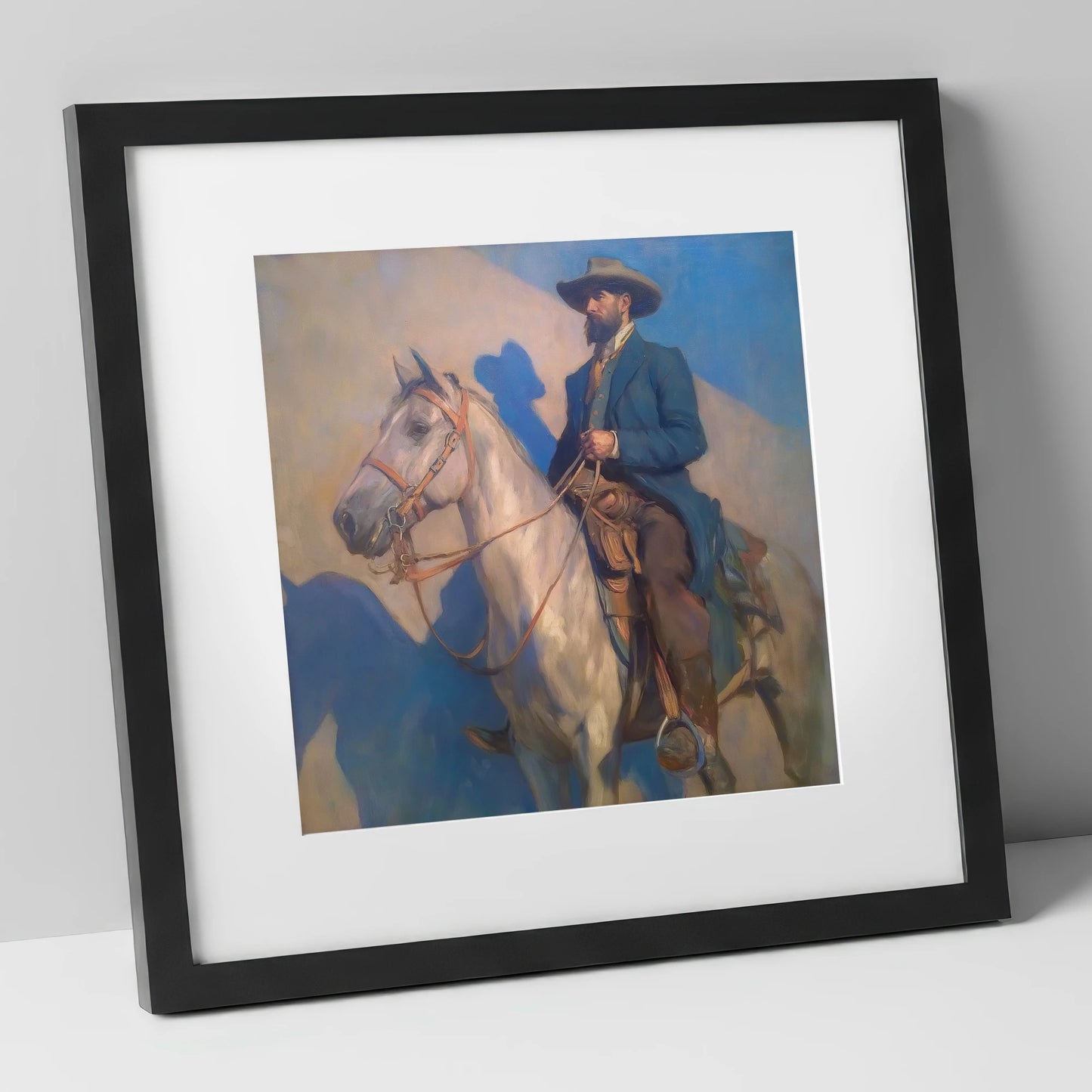 The Quiet Pioneer western horse art print in black frame