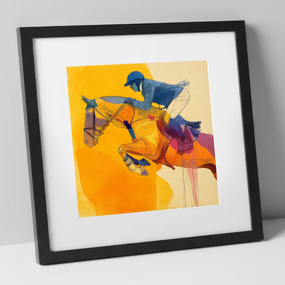 Vivid Golden Ascent show jumping horse art print in black frame