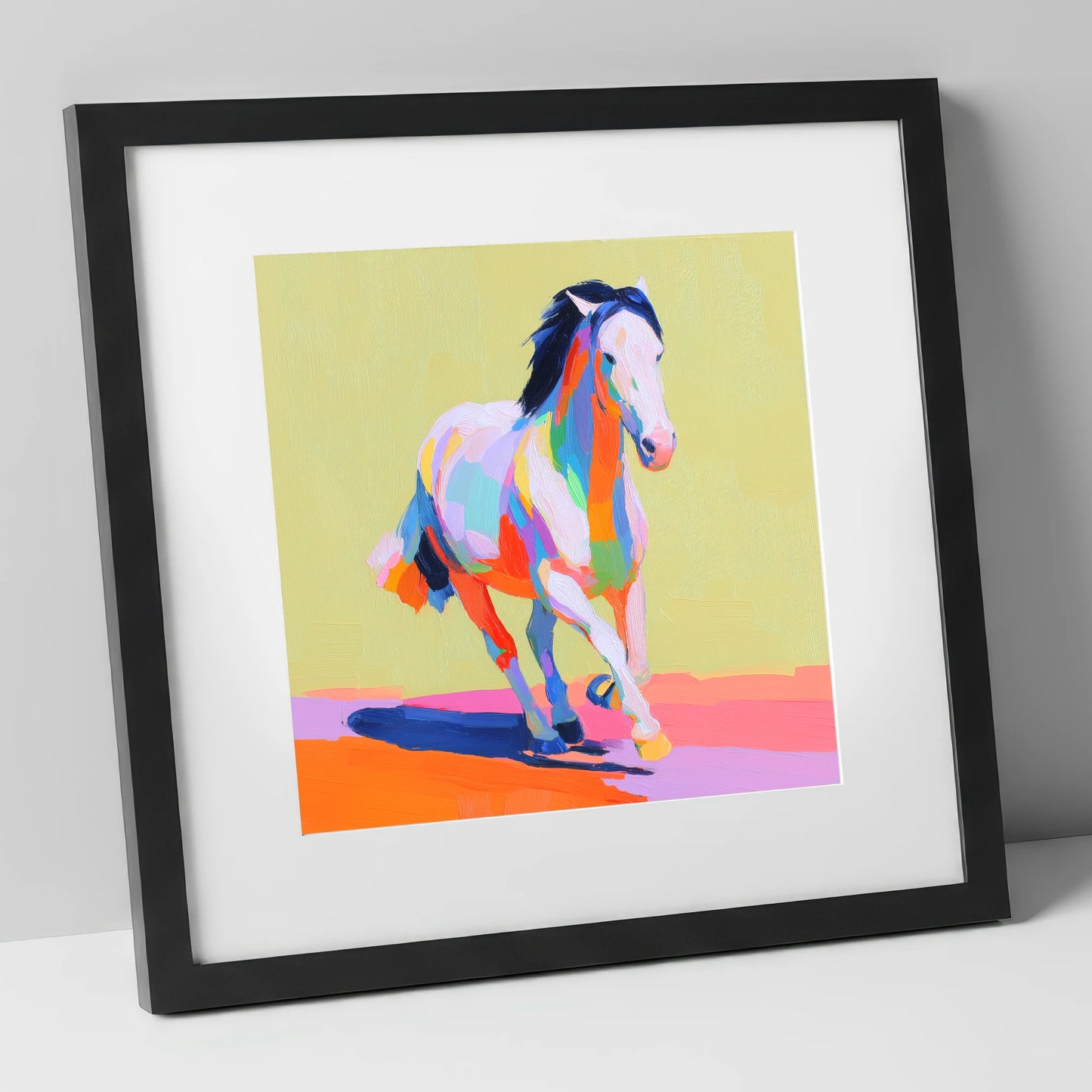 Technicolour Canter horse breed art print in black frame