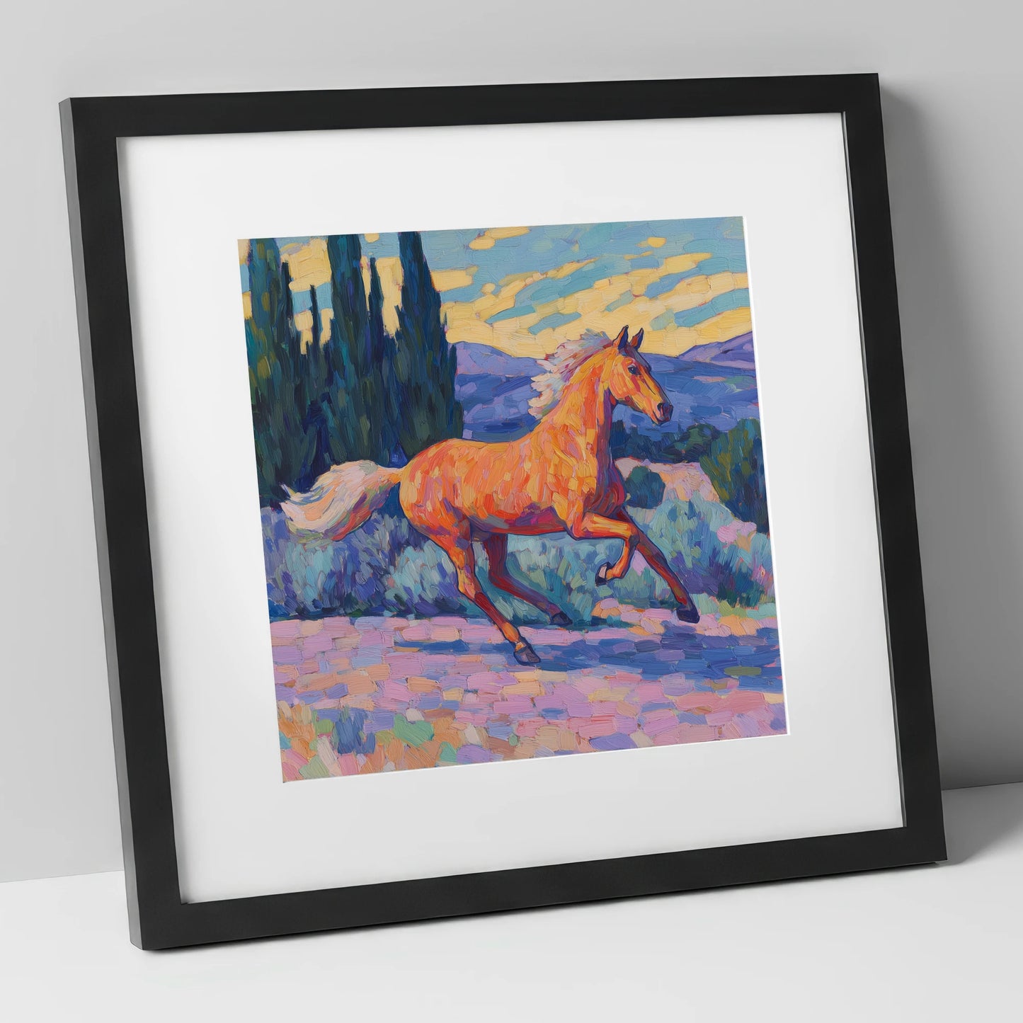 Vibrant Golden Canter horse breed art print in black frame