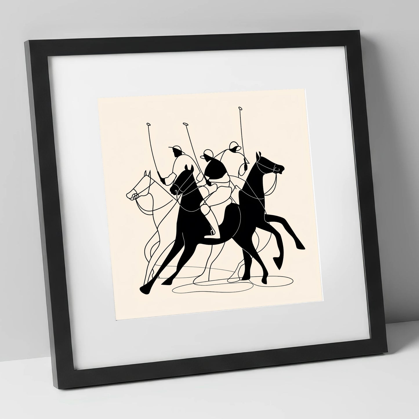 Dynamics of the Match polo horse art print in black frame