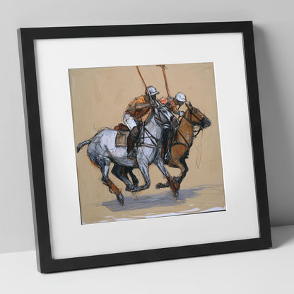 The Midfield Duel polo horse art print in black frame