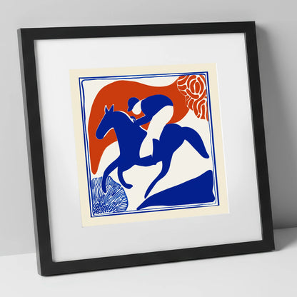 The Cobalt Furlong racing horse art print in black frame