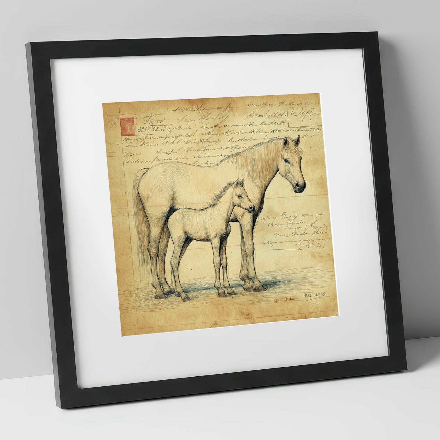 Heritage Equine Study mare & foal art print in black frame