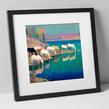 Reflections at Turquoise Waters wild horses art print in black frame