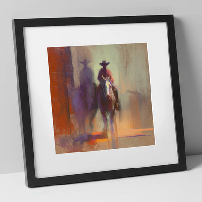 Rider in the Haze western horse art print in black frame
