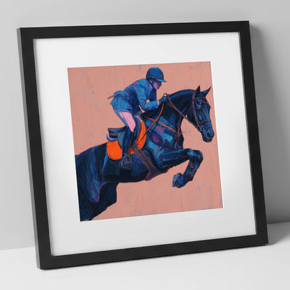 Indigo Ascending show jumping horse art print in black frame