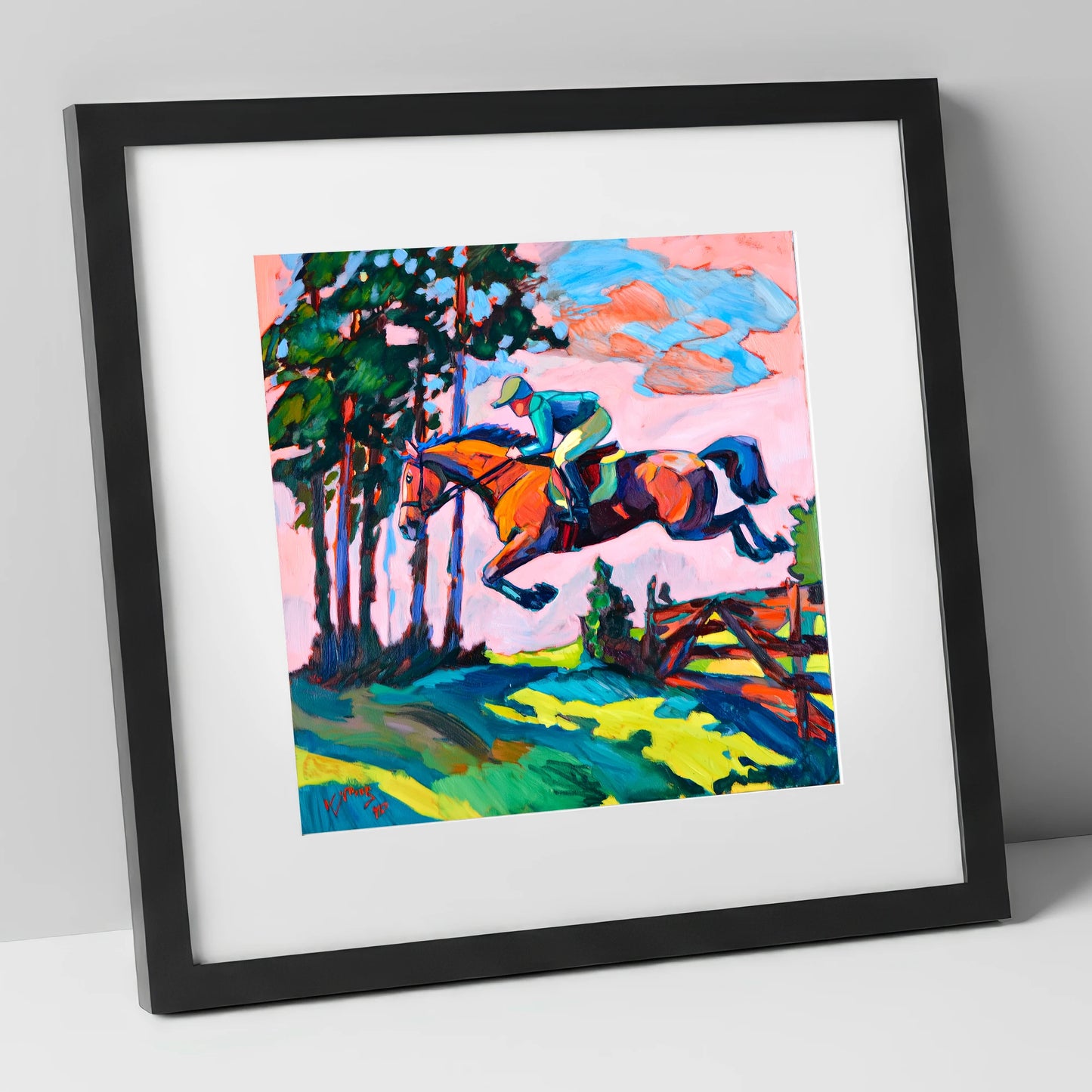 Vibrant Cross Country Leap show jumping horse art print in black frame