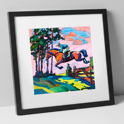 Vibrant Cross Country Leap show jumping horse art print in black frame