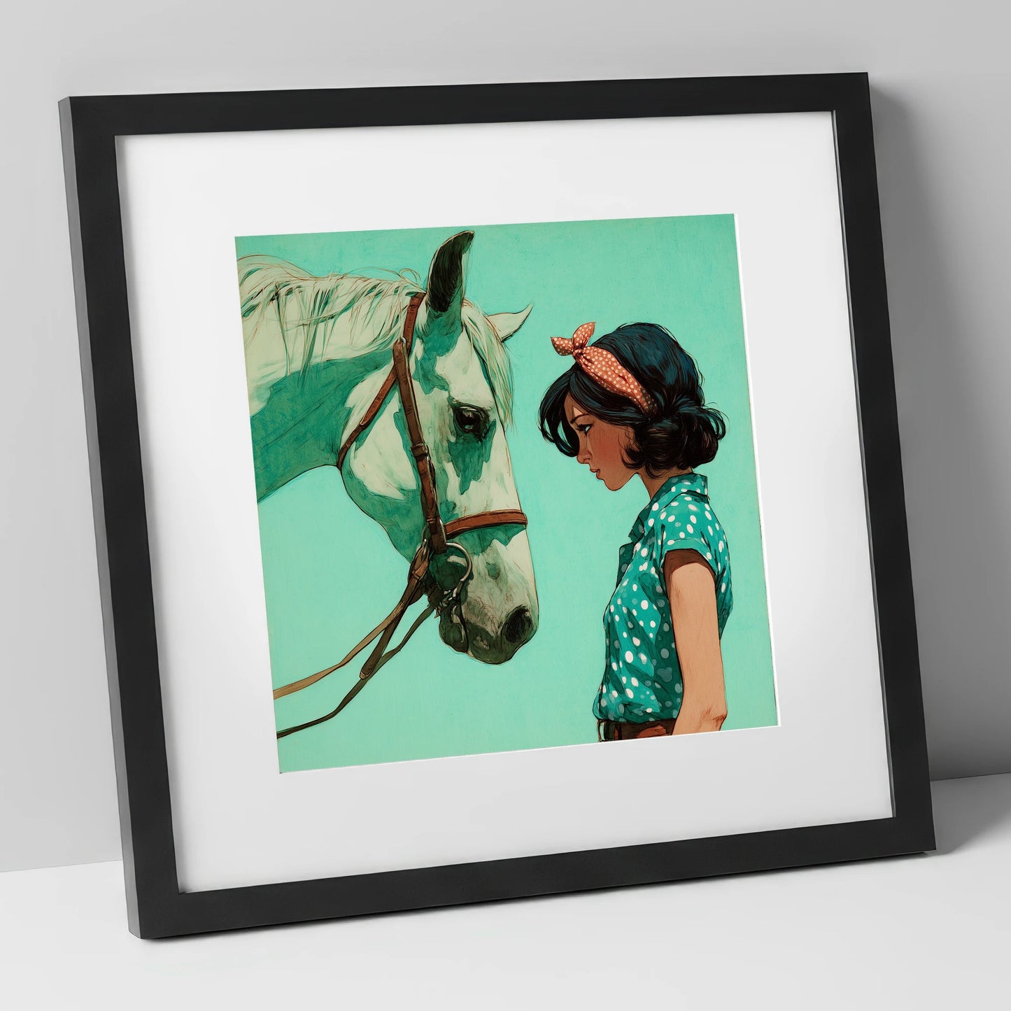 The Quiet Exchange horse & rider art print in black frame