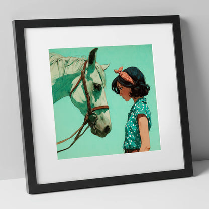 The Quiet Exchange horse & rider art print in black frame