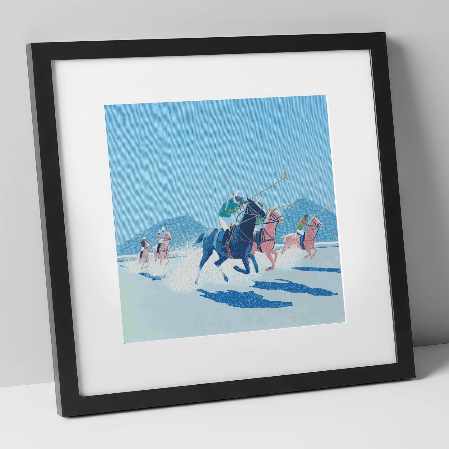 Azure Polo Pursuit polo horse art print in black frame