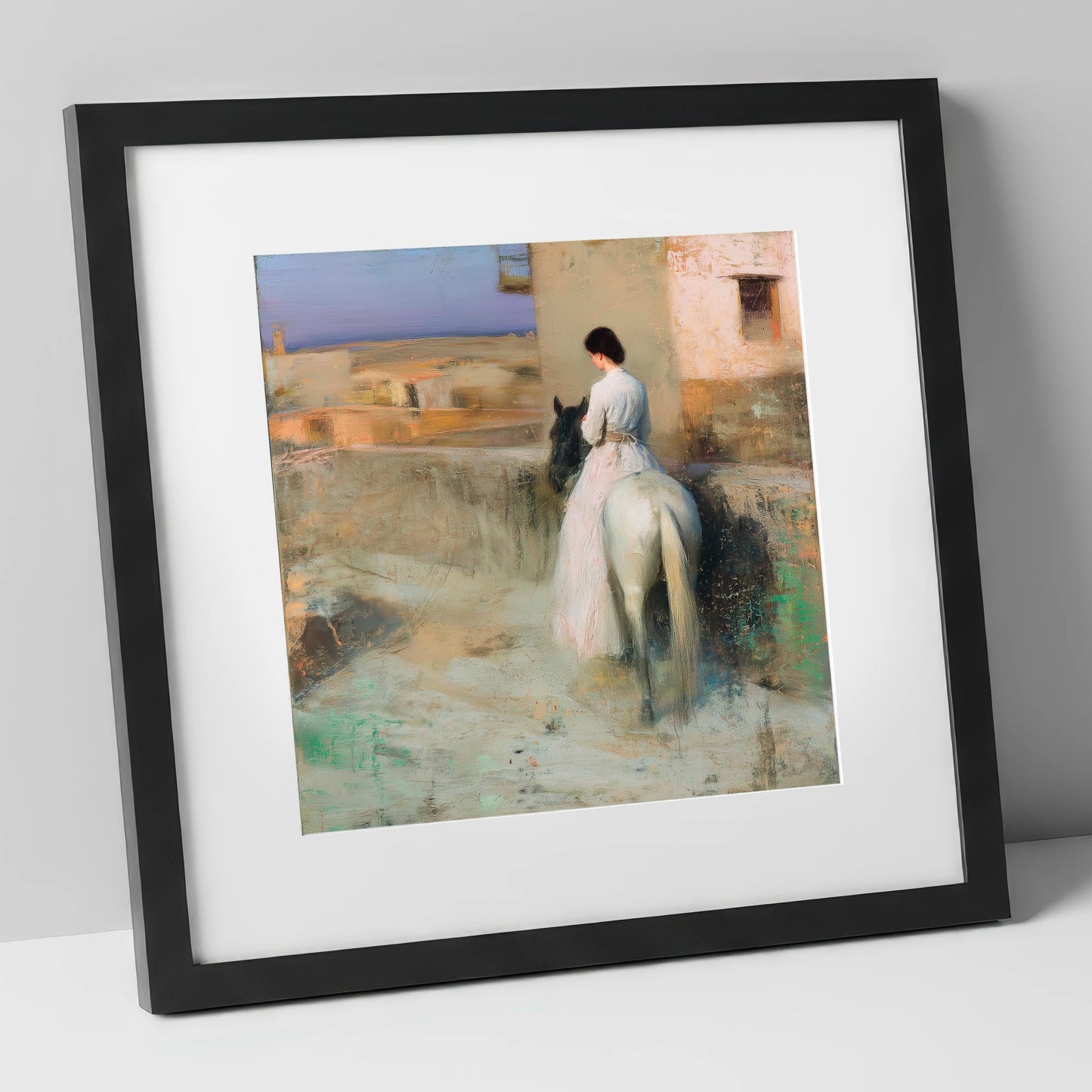 Distant Horizons horse & rider art print in black frame