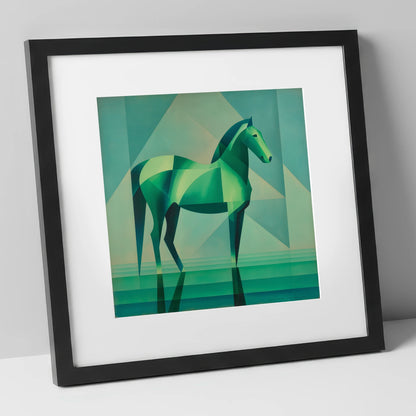 Emerald Geometric Equine horse portrait art print in black frame