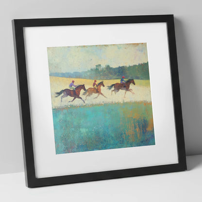 The Morning Gallop racing horse art print in black frame