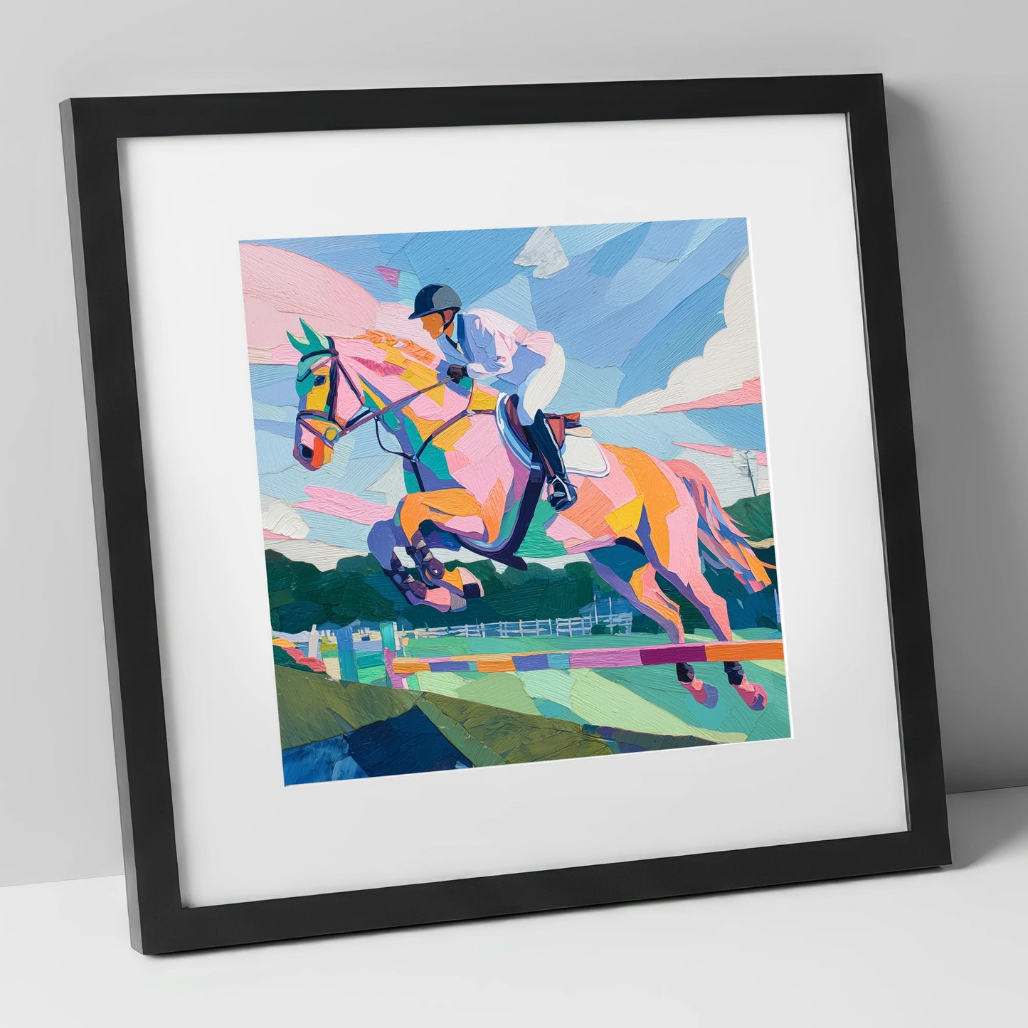 Kaleidoscope Leap show jumping horse art print in black frame