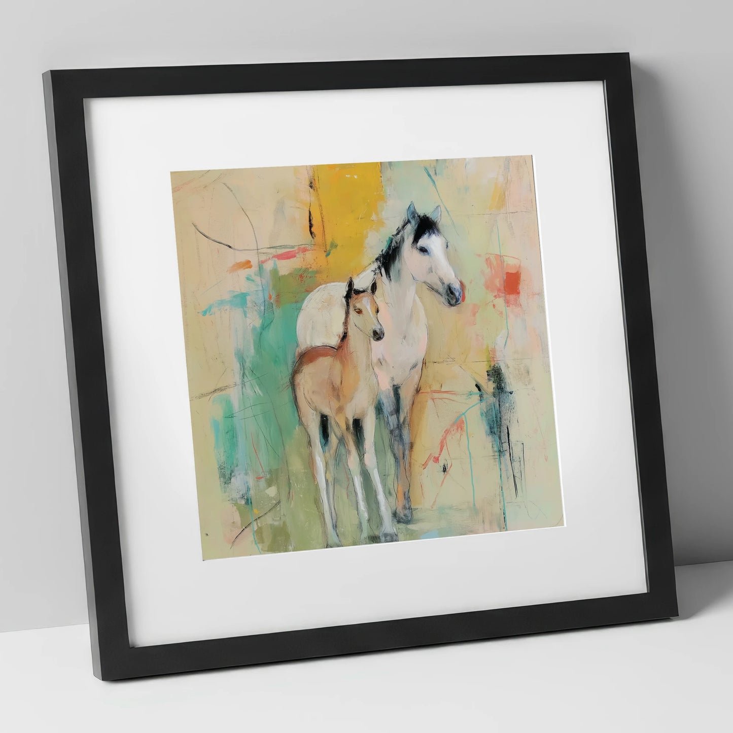 Gentle Guardianship mare & foal art print in black frame