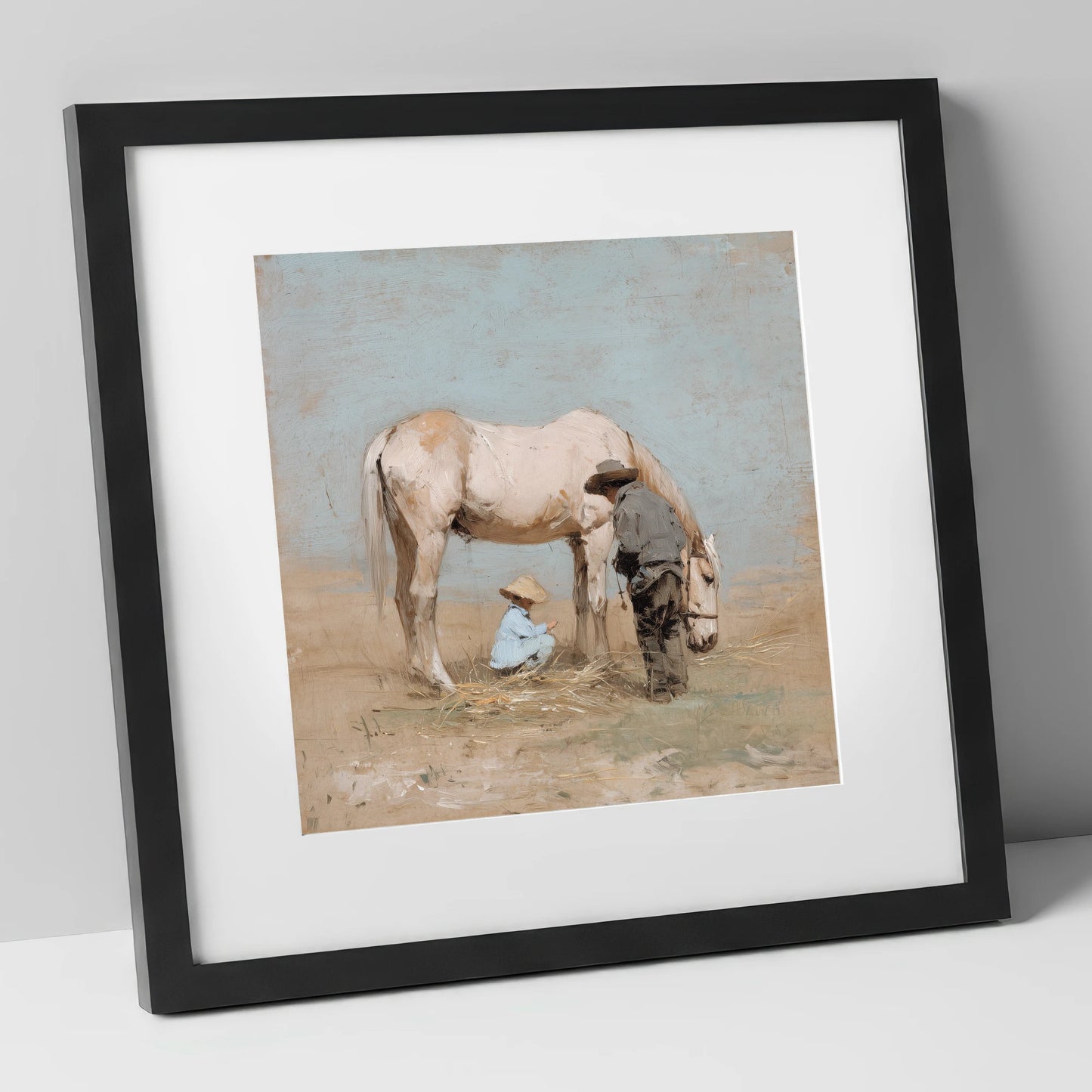 Sunlit Companions horse & rider art print in black frame