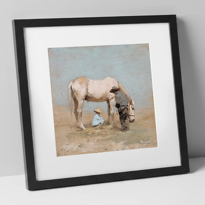 Sunlit Companions horse & rider art print in black frame