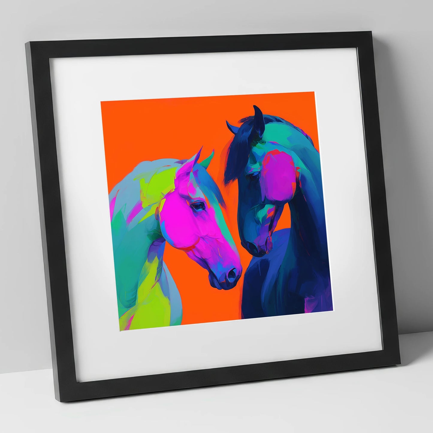 Chromatic Encounter horse portrait art print in black frame