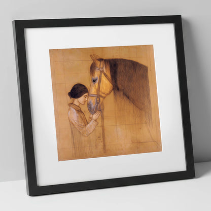 The Silent Bond horse & rider art print in black frame