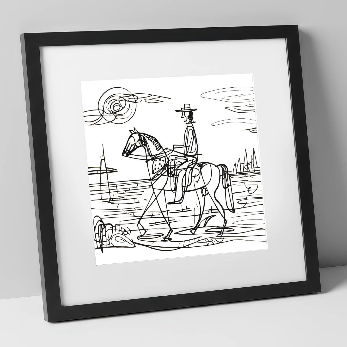 Abstract Coastal Ride beach horse art print in black frame