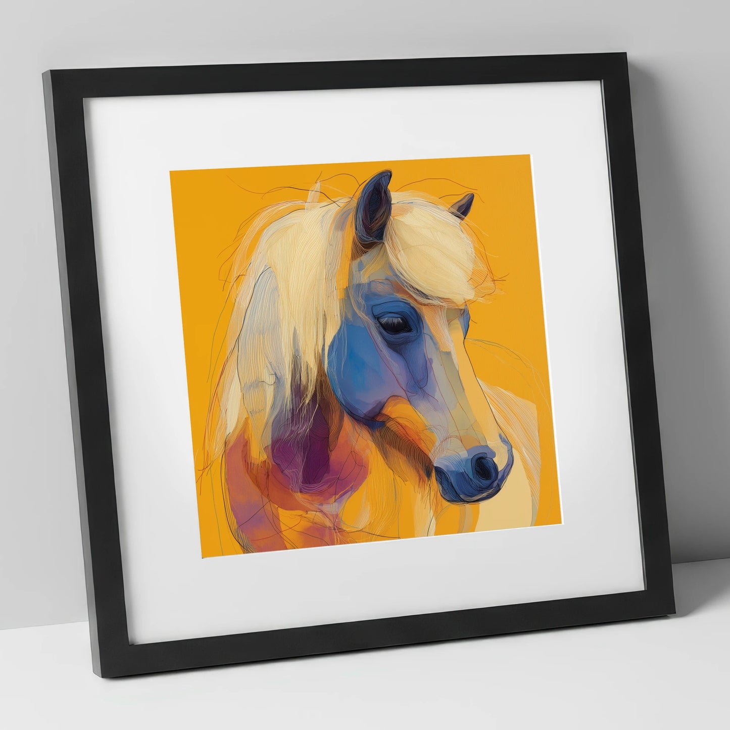 Cobalt and Gold Contour horse breed art print in black frame
