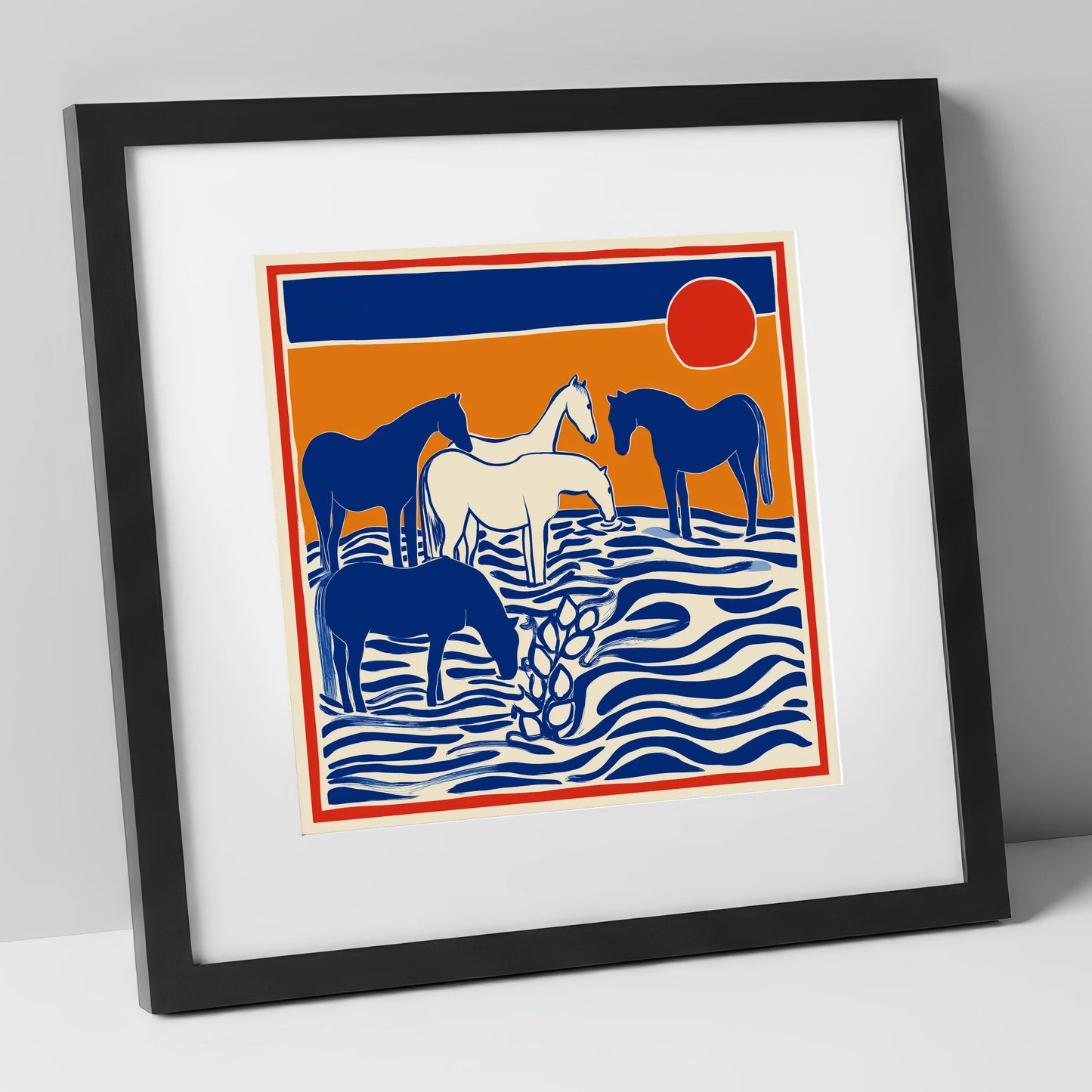Wild Sapphire Shallows wild horses art print in black frame