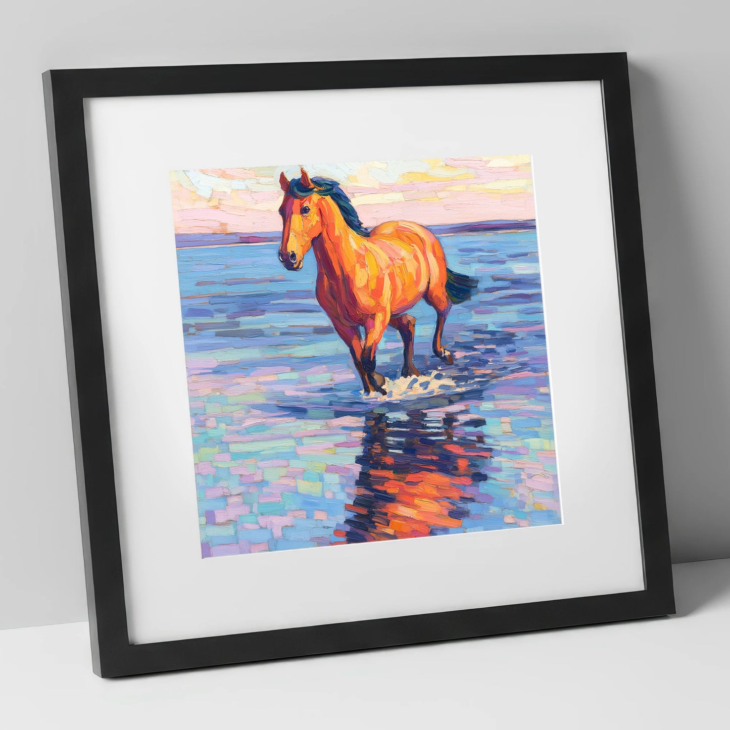 Sunset Shallows Stride beach horse art print in black frame