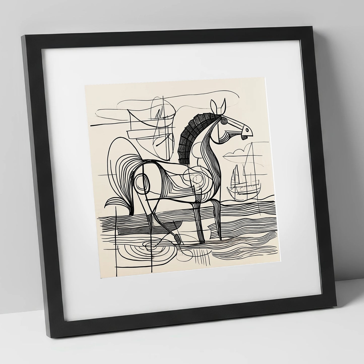 Abstract Coastal Equine beach horse art print in black frame