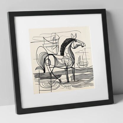 Abstract Coastal Equine beach horse art print in black frame