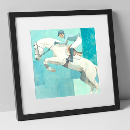 Aquamarine Flight show jumping horse art print in black frame