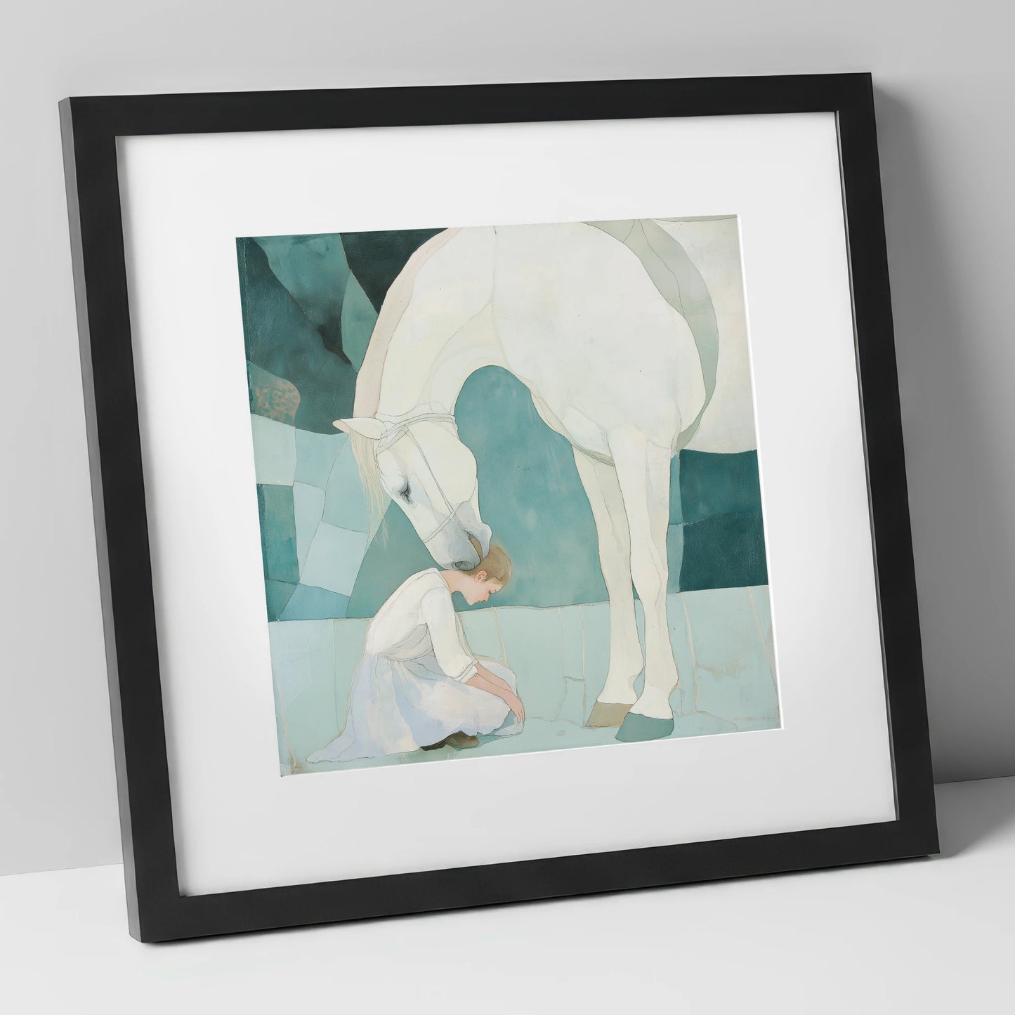 The Gentle Guardian horse & rider art print in black frame
