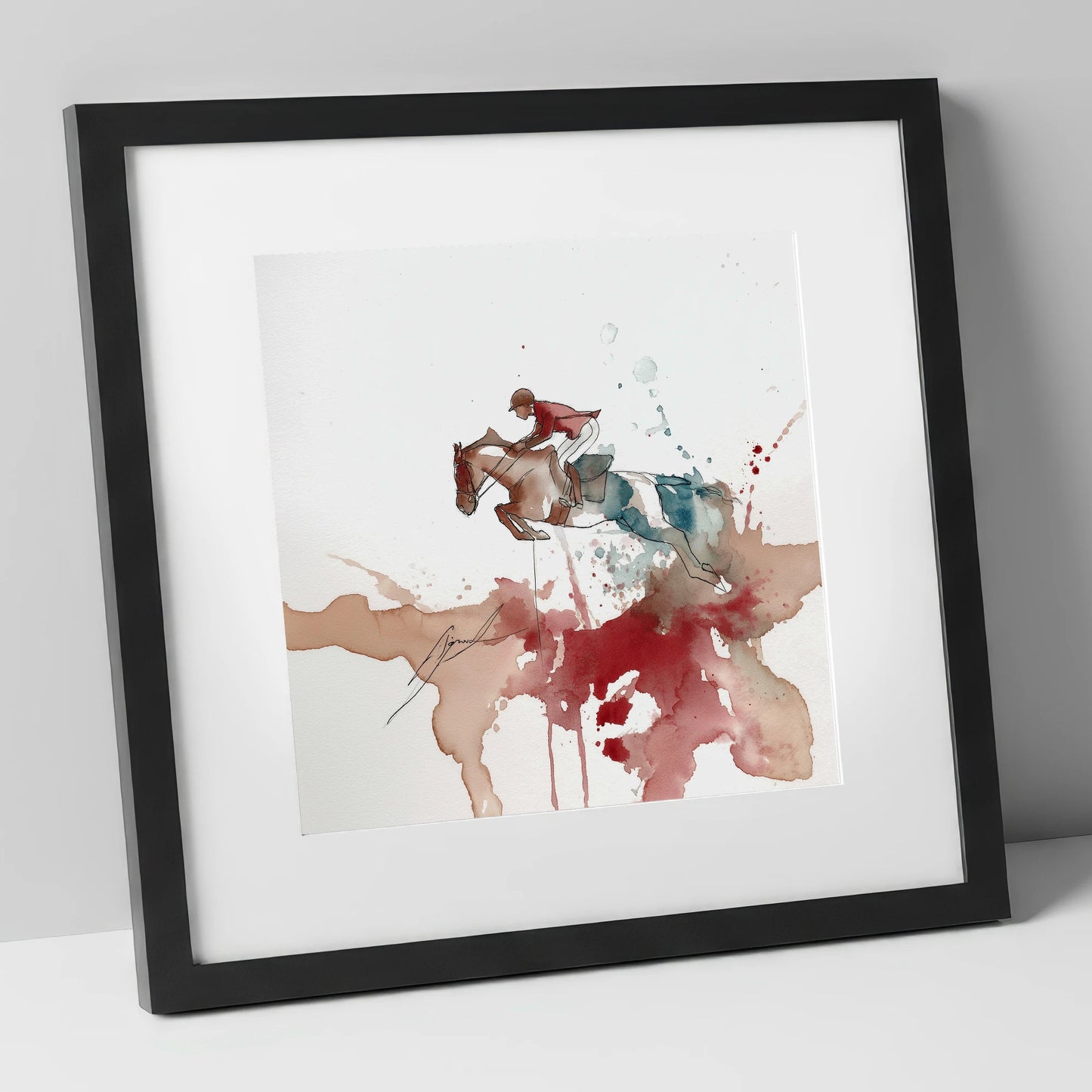 Crimson Flight show jumping horse art print in black frame