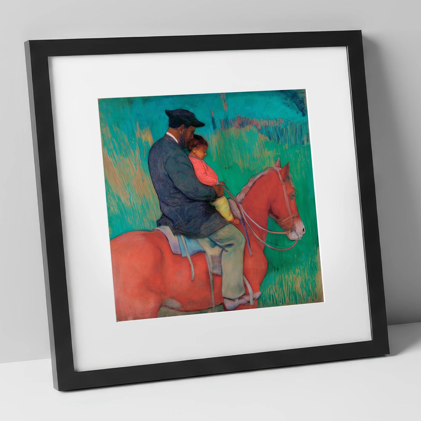 The Shared Ride horse & rider art print in black frame