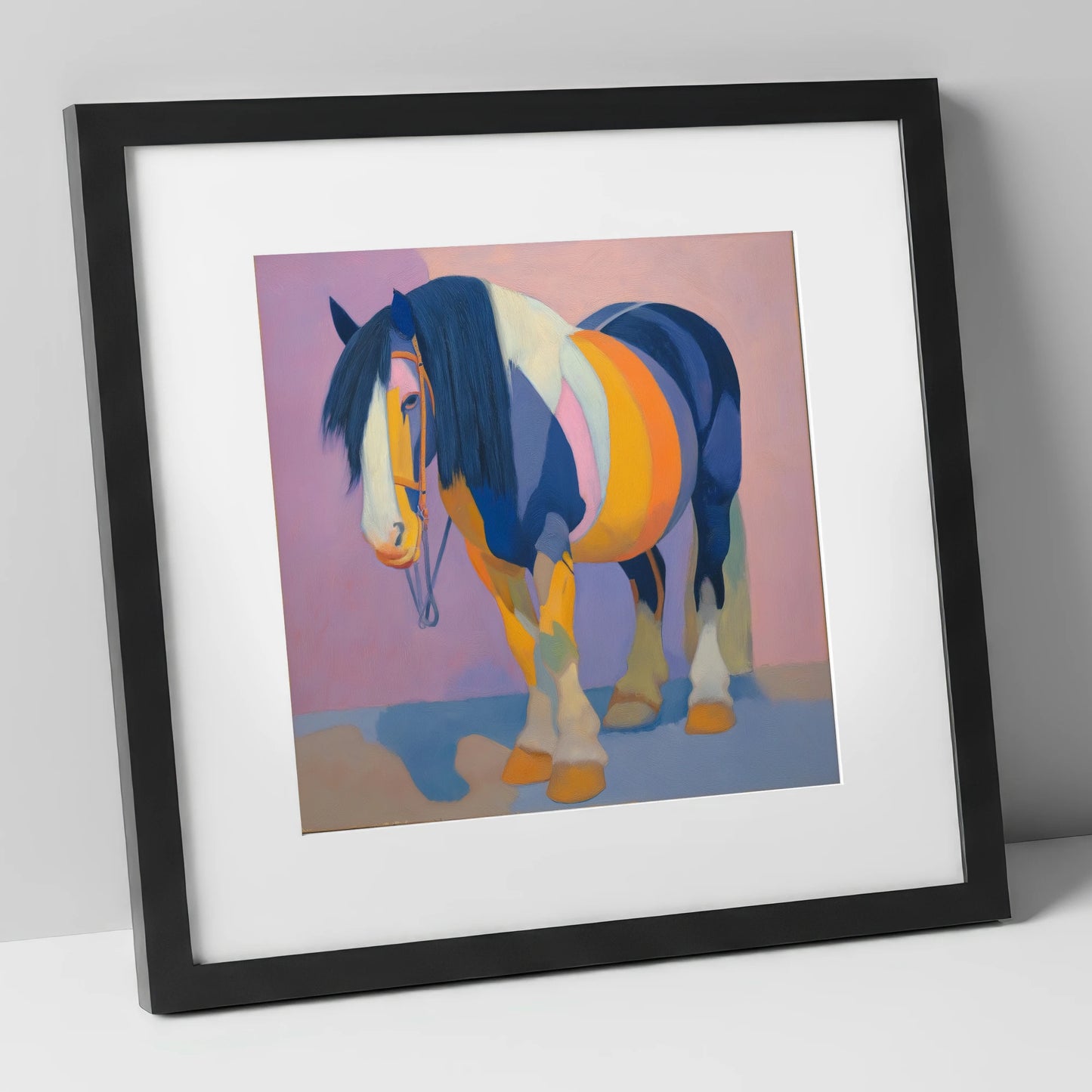 Vibrant Indigo Cob horse breed art print in black frame