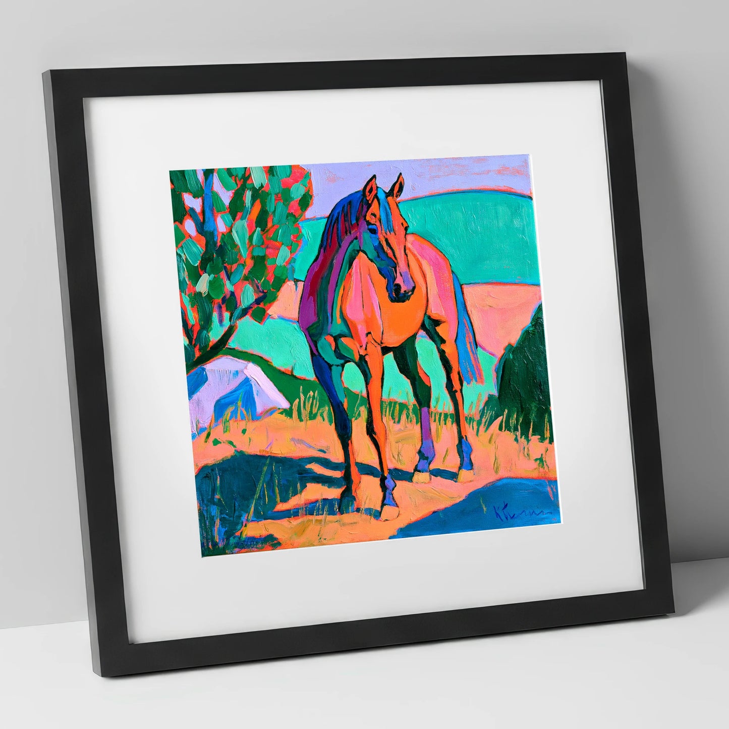 Vibrant Orange Standing Horse horse breed art print in black frame