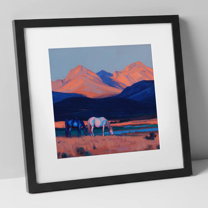 Dusk Mountain Pasture horse landscape art print in black frame