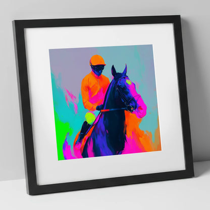 Technicolour Sprint racing horse art print in black frame