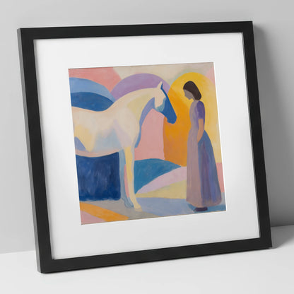 Quiet Connection horse & rider art print in black frame
