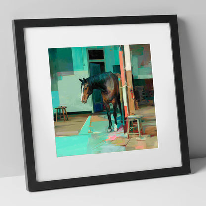 Quiet Yard in Teal horse stable art print in black frame