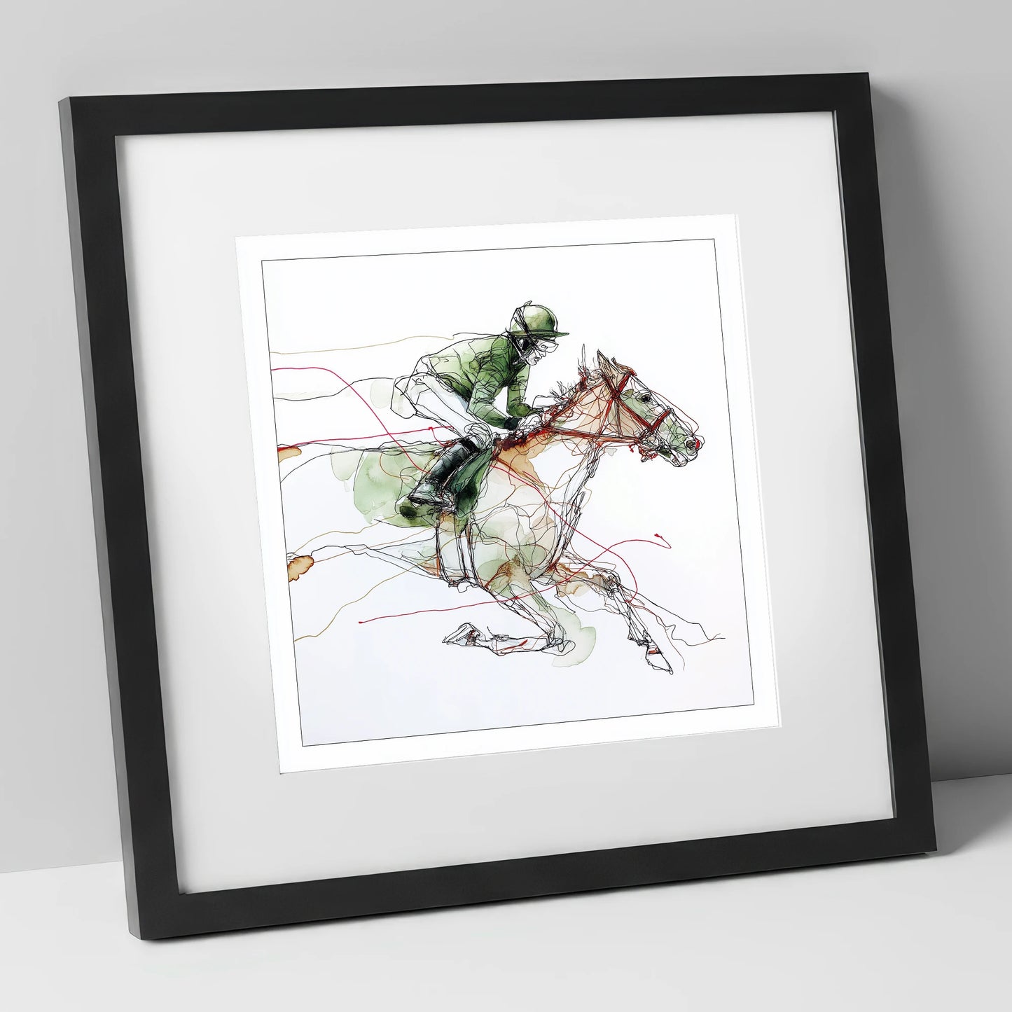 The Final Furlong racing horse art print in black frame