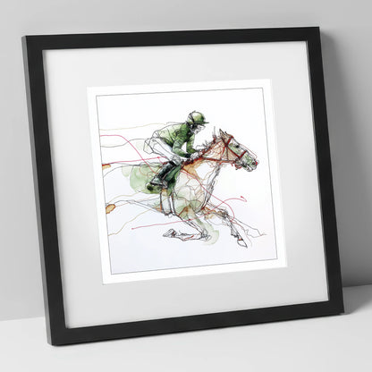 The Final Furlong racing horse art print in black frame