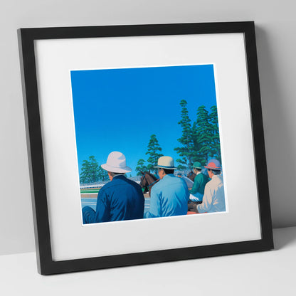 Trackside Anticipation racing horse art print in black frame