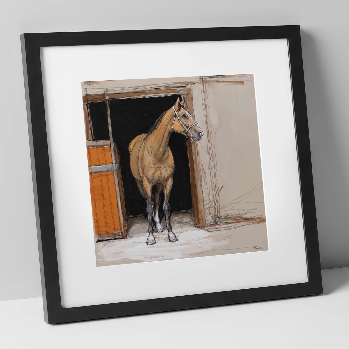 Morning Watch horse stable art print in black frame