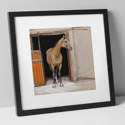 Morning Watch horse stable art print in black frame