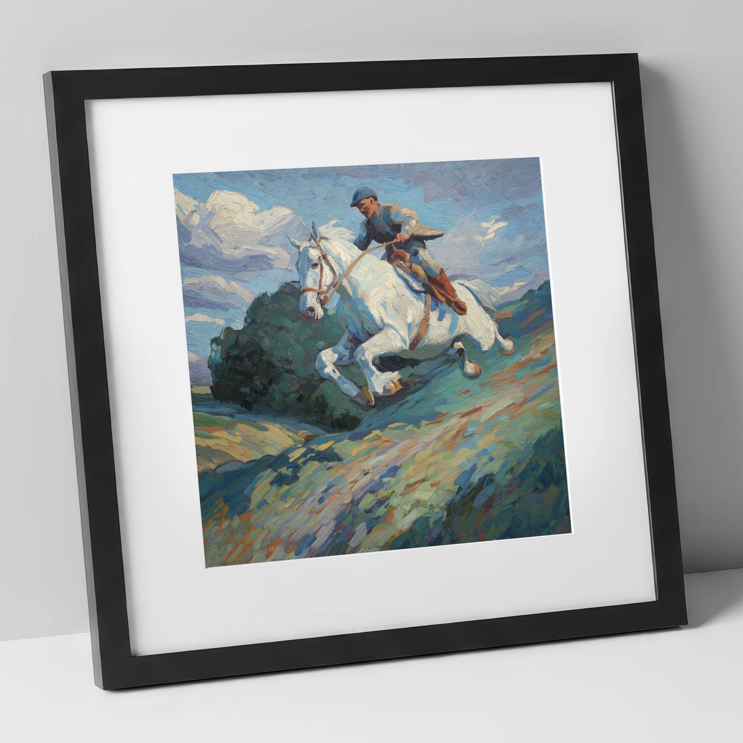 The Boundless Leap show jumping horse art print in black frame