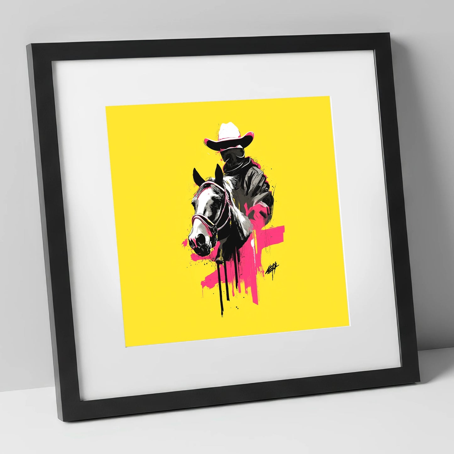 Magenta Western Rider western horse art print in black frame