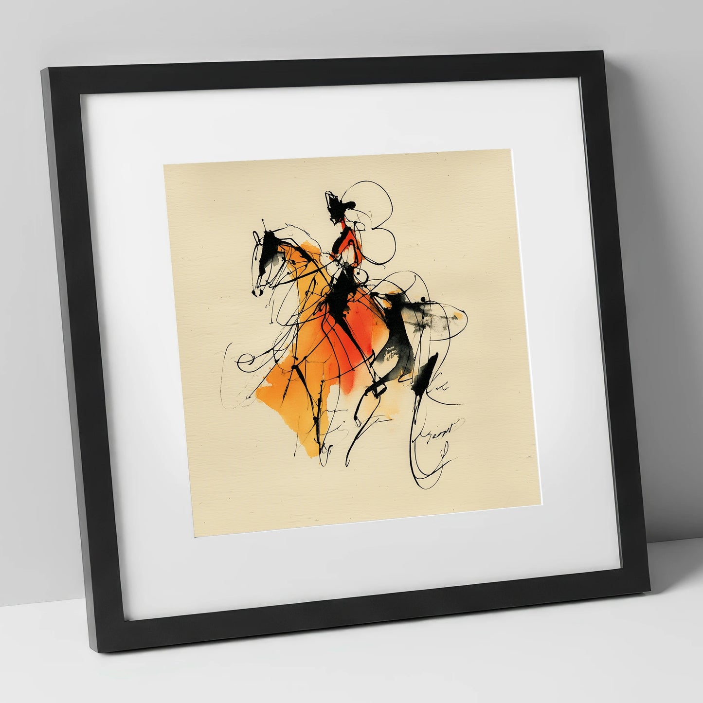 Harmony in Amber dressage horse art print in black frame