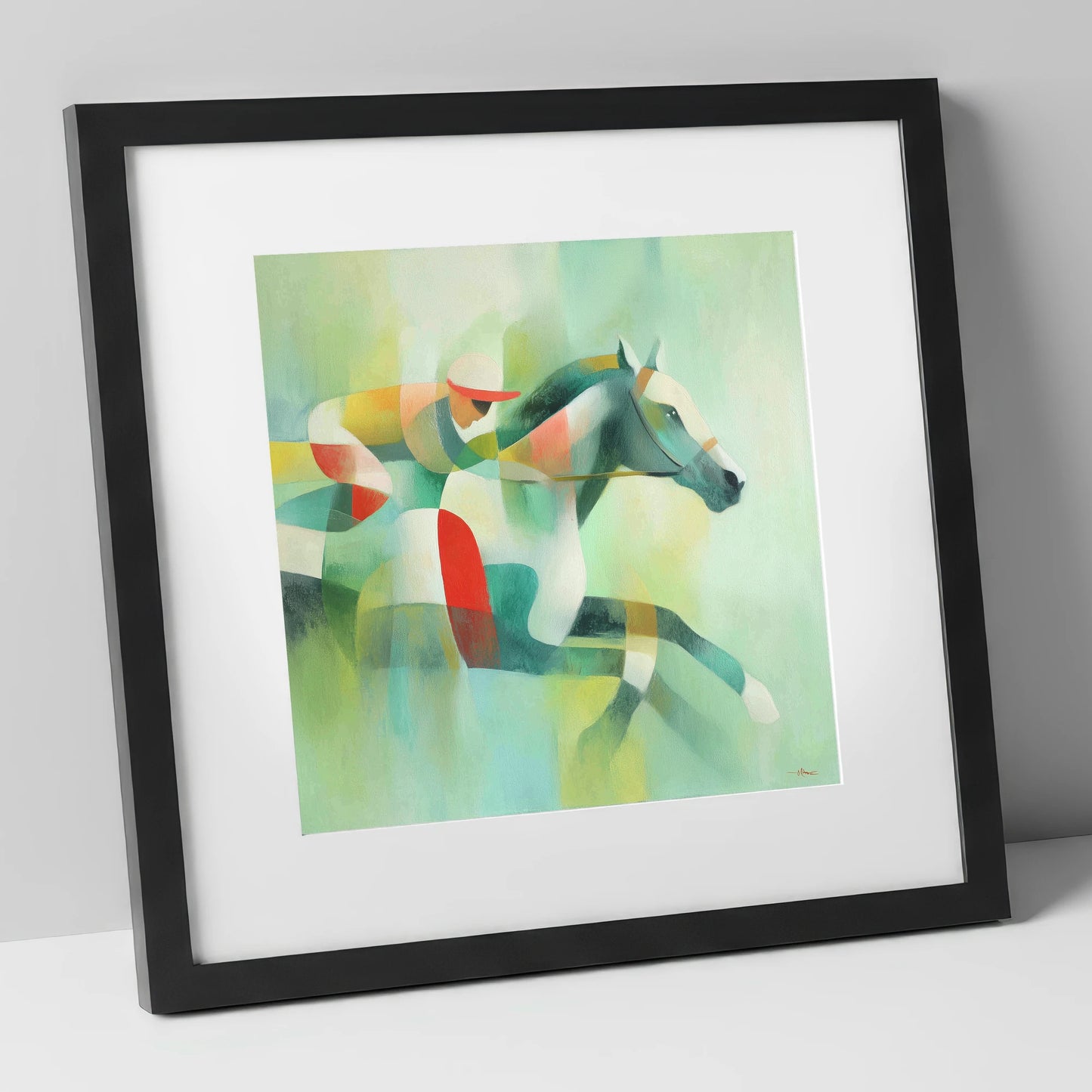 Prismatic Racing Stride racing horse art print in black frame
